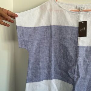 PURE JILL‎ Top - White Linen Short Sleeve Pullover, Blue Color Block, Small